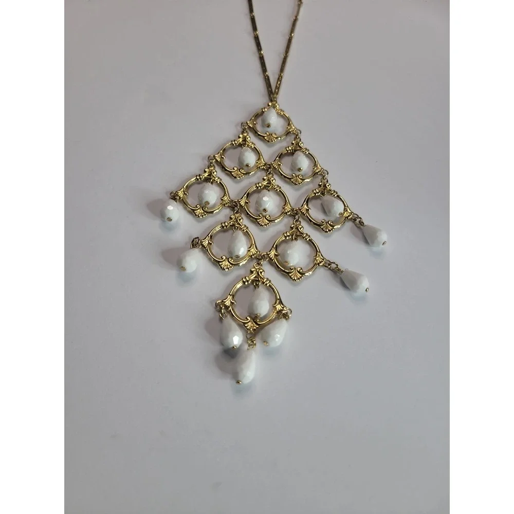 Gold Tone Chandelier Bib Necklace White Faceted Teardrop Beads Statement Necklac